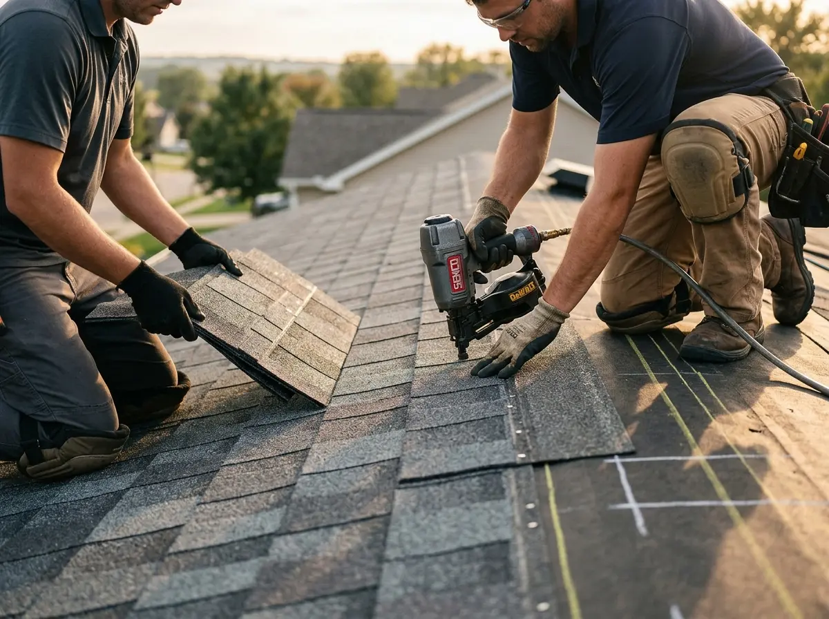 Professional roofer working on a residential roof in Murillo